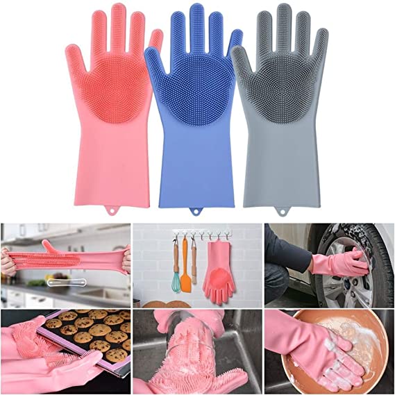 GLUN Magic Silicone Dish Washing Gloves, Silicon Cleaning Gloves, Silicon Hand Gloves for Kitchen Dishwashing and Pet Grooming, Great for Washing Dish, Car, Bathroom (1 Pair,Assorted)