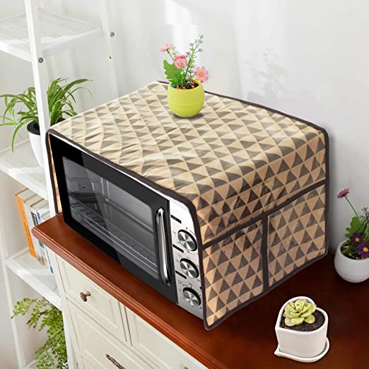 PrettyKrafts Microwave Oven Top Dustproof Cover, Protector, Decorative Kitchen Appliance Cover with Side 4 Utility Pockets, Free Size 13 x 40 inches, Trio Beige