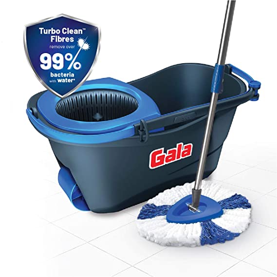 Gala Turbo Spin Mop Removes over 99% bacteria,Triangular head & Easy big wheel with 2 Refills,Floor Cleaning Mop stick with Bucket, pocha for floor cleaning, Mopping Set (Grey and blue), 4 Pcs