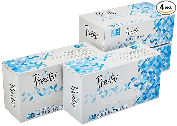 Amazon Brand - Presto! Premium 3 Ply Facial Tissues Box | 400 Pulls | 100 Pulls X 4 Cartons | Soft And Highly Absorbent | 100% Natural Virgin Cellulose Fiber