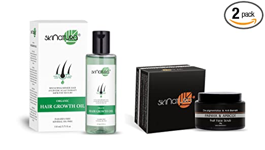 Skinatura Organic Hair Growth Oil 110Ml [Bouncier & Shinier Hair] + Papaya & Apricot Fruit Face Scrub 100Gm [De-Pigmentation & Anti-Blemish] | Combo Pack of 2 for Men & Women
