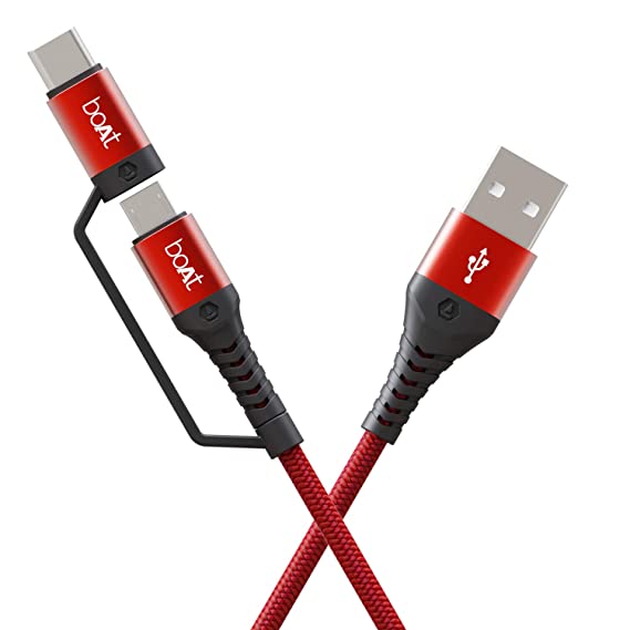 boAt Deuce USB 300 2 in 1 Type-C & Micro USB Stress Resistant, Sturdy Cable with 3A Fast Charging & 480mbps Data Transmission, 10000+ Bends Lifespan and Extended 1.5m Length(Martian Red)