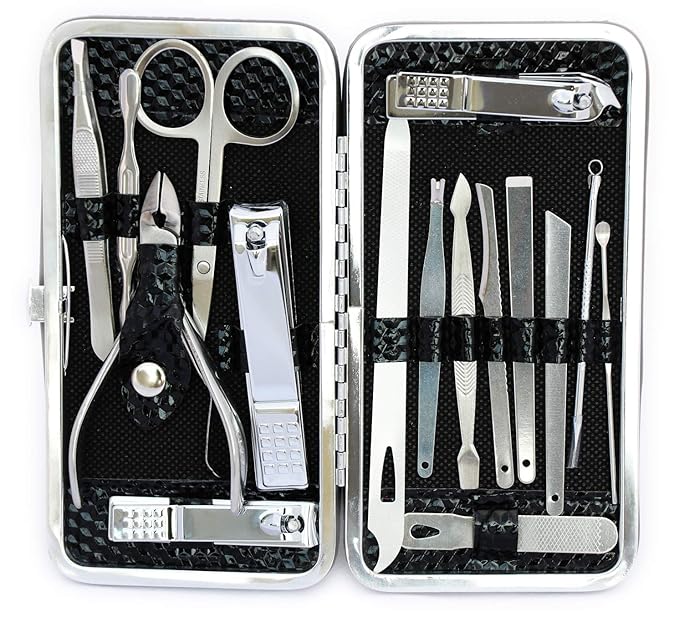 DnS 16Pcs Manicure Pedicure Set Nail Clippers Kit  -  Stainless Steel Professional Grooming Kit for Men & Women  -  Nail Cutter Tools for Hand, Foot, & Facial Care  -  Travel-Friendly Beauty Set with Luxurious Case