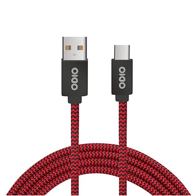 ODIO - USB Type-C Premium Nylon Braided 1Mtr 2.4A Fast Charging & Sync Cable (Red & Black Premium Braided- OCC07)
