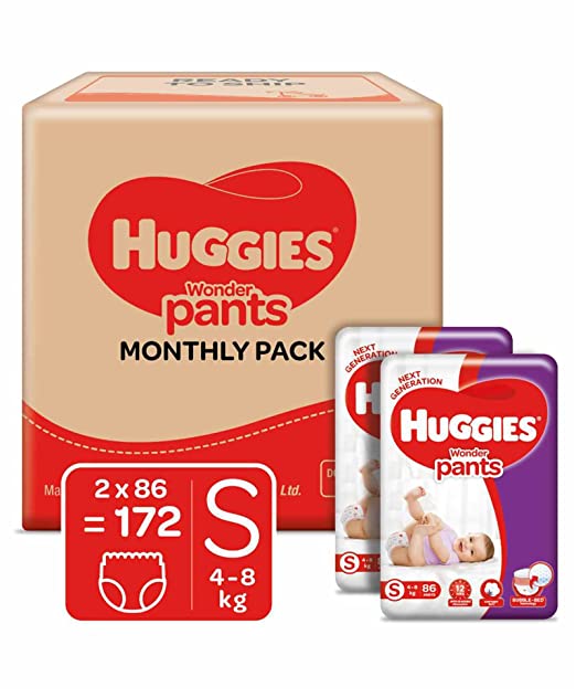 Huggies Complete Comfort Wonder Pants | Pant Style Baby Diapers Small Size, 172 Count | India's Fastest Absorbing Diaper, Prevents Diaper Rash, Ideal for 4 to 8 Kgs