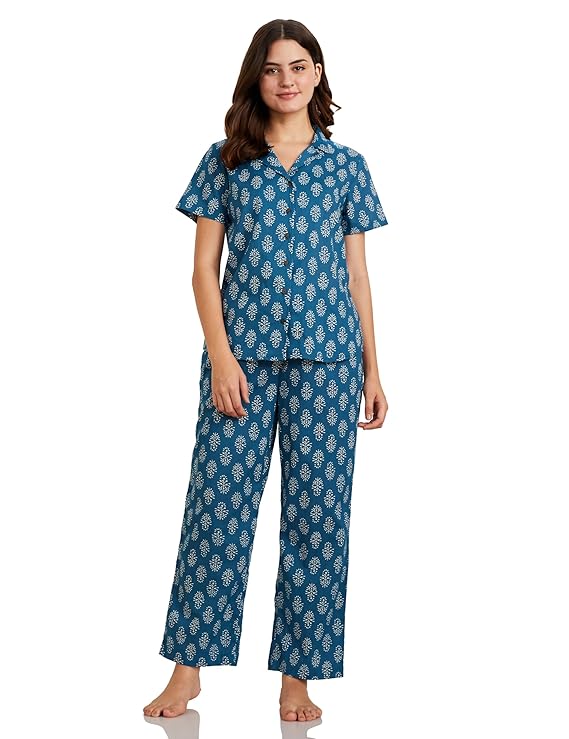 Amazon Brand - Myx Women Cotton Shirt and Relaxed Pajama Set | Night Suit Set (Available in Plus Sizes)