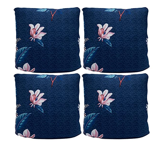 House of Quirk Polyester Lotus Throw Pillow Case Cushion Cover (Dark Blue, 16.5x16.5 inch) - Pack of 4