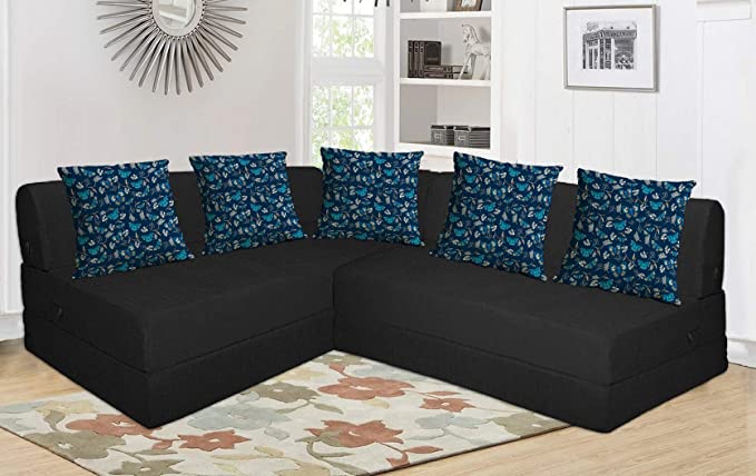 Aart Store L Shape Sofa Cum Bed Furniture Four Seater with Five Cushion Perfect for Guest Black Color