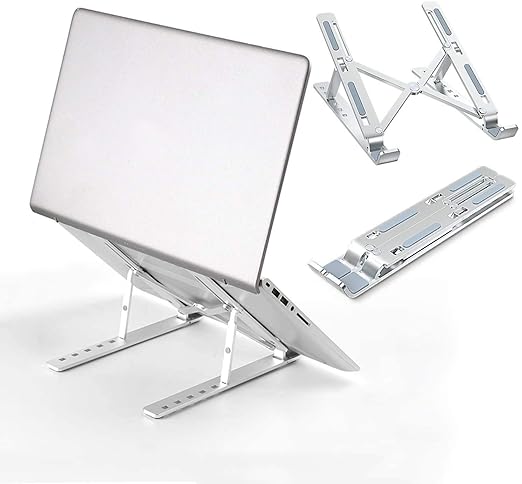 holdUP Foldable Anodized Aluminum Laptop and Tablet Stand with 7-level Height Adjustment, Ergonomic & Portable Design, Heat Dissipation Compatible with all Laptops up to 17" Screen for Work From Home (Silver White)