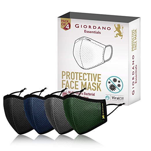 Giordano Cotton Reuseable Face Mask (Grey, Blue, Black & Olive, Without Valve, Pack of 4) for Unisex