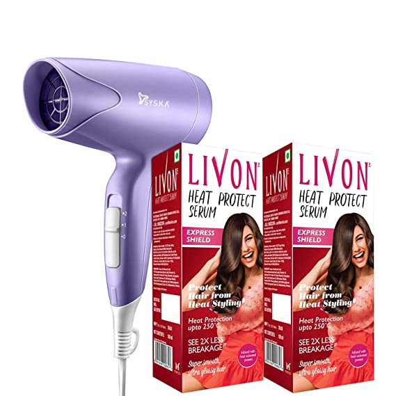 [Apply Coupon] - Livon Damage Protect Serum For Women & Men, Protection Up To 250°C & 2X Less Hair Breakage, 100 ml (Pack of 2) With Syska Hair Dryer