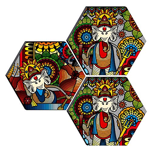 SAF Ganesha Modern Art 3 Piece of Hexagon UV Textured Multi-Effect Self adheshive Painting 17 Inch X 17 Inch SANFHXS30668(Multicolor,Landscapes;Animals;Abstract;Religious;Figures;Floral)