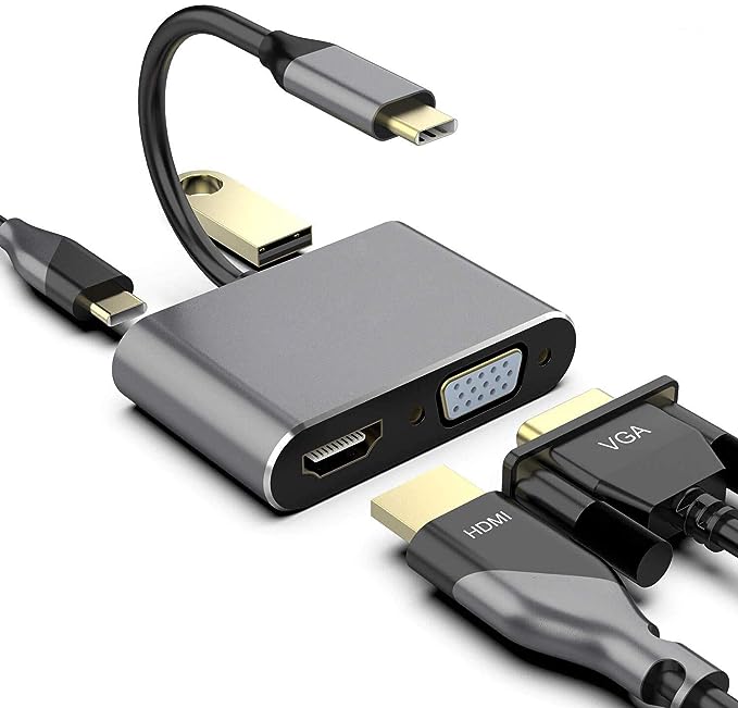 USB C to HDMI VGA Adapter, USB 3.1 Type C Hub to HDMI 4K + VGA 1080P + USB 3.0 + USB-C Power Delivery Port, USB-C Digital AV Multiport Adapter for MacBook Pro/iPad/Switch/Pro/S8+/S9+/Projector/Monitor