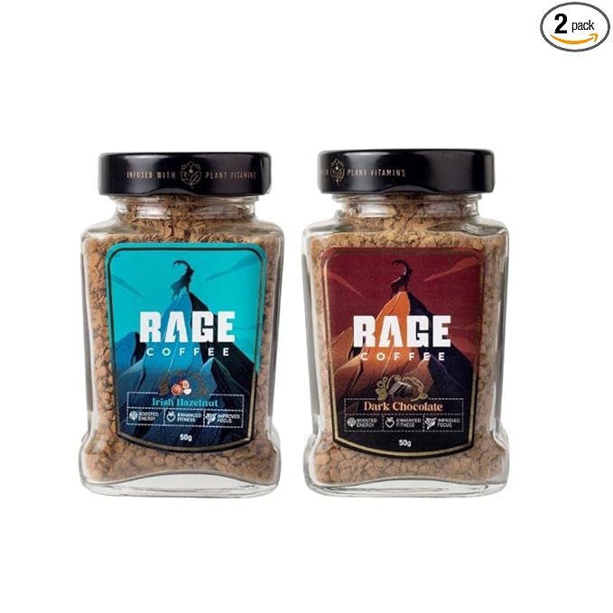 Rage Coffee Combo Pack of 2 Flavoured Instant Ground Coffee - 50 gms each of Irish Hazelnut & Dark Chocolate, Glass Bottle