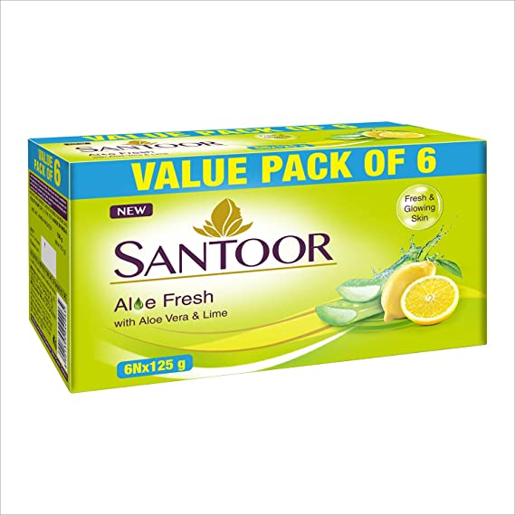 Santoor Fresh Skin Aloe Vera & Lime Bathing Soap with Nourishing & Anti-Aging Properties| For Smooth & Soft and Younger-Looking Skin| For All Skin Types| 125g, Pack of 6