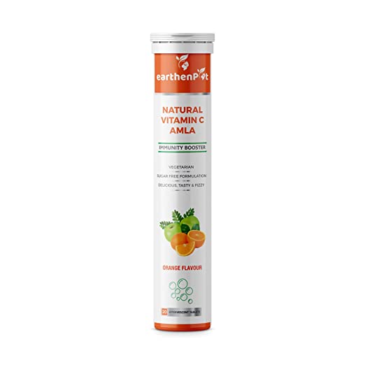 EarthenPot Natural Vitamin C Amla 1000mg for Immunity Booster  -  20 Effervescent Tablets (Orange Flavour - No Sugar)