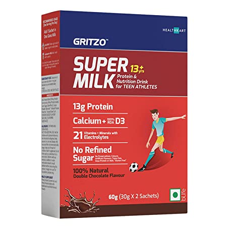 Gritzo SuperMilk 13+y (Teen Athletes), Kids Nutrition & Health Drink, Protein Powder for Teens Growth & Sports, Contains Whey protein, Calcium + D3, 21 Nutrients, Zero Refined Sugar, 100% Natural Double Chocolate,Trial Pack(30g)
