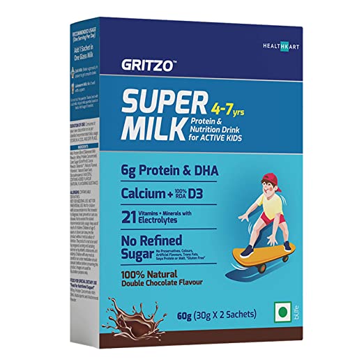 Gritzo SuperMilk for Active Kids (4-7y), Kids Nutrition & Health Drink, Protein Powder for Kids, Contains Whey Protein, DHA, Calcium + D3, 21 Nutrients, No Refined Sugar, 100% Natural Double Chocolate Flavour, Trial pack(30g)
