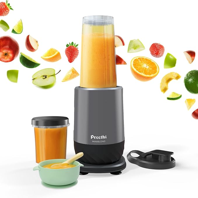 Preethi MiniBlend Compact Food and Juice Blender for Lump Free Purees, Smoothies and Protein Shakes | Razor sharp Ninja blades with 2 Leak-proof Jars, Sipper & Storage Lids | Free Lifelong Service