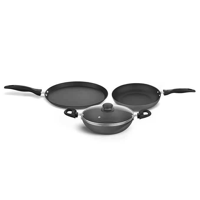 Preethi Daily Collection Non Stick Set, 28 cm Tawa, 24 cm Fry Pan, Kadai 24 cm, with Glass Lid, 5 Star Non Stick Effect, Grey