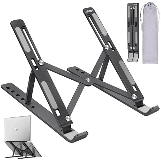 Tukzer (Imported Foldable Laptop Stand Riser for Laptop, MacBook, Notebook & Tablets up to 17 Inch, 7 Level Height Angle Adjustment, 2X Stronger M-Shape Aluminum Silicone Pads Air Ventilation-Black