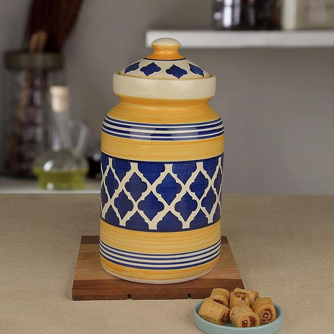 StyleMyWay Handpainted Ceramic Jar (Burni) Set with Lid (3000 ml, Blue and Yellow) | Ceramic Multi-Utility Storage Jar & Container for Pickle | Achari Barni