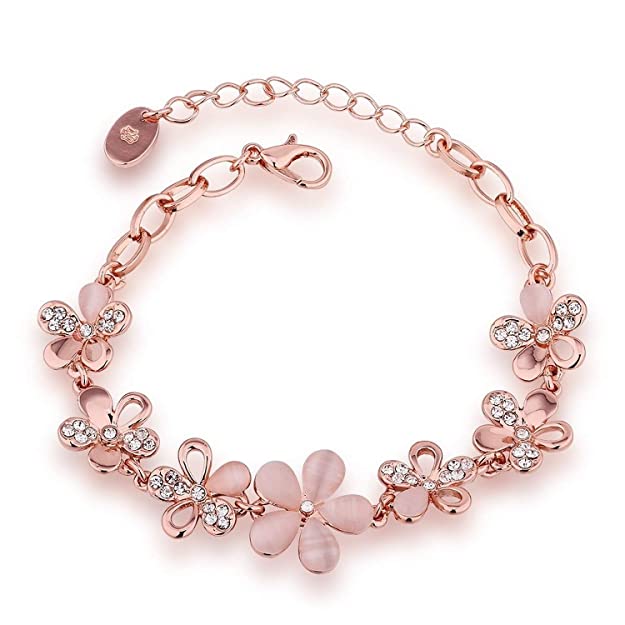 Okos Rose Gold Plated Pink Flowers Link Chain Adjustable Size Charm Alloy Bracelet Decorated With Crystals for Girls & Women BROK1000009