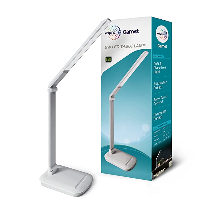 Wipro 5W Led Table Lamp with Smooth Dimming, Use As Emergency Light with Power Bank Or with Laptop USB Port (White) Pack of 1