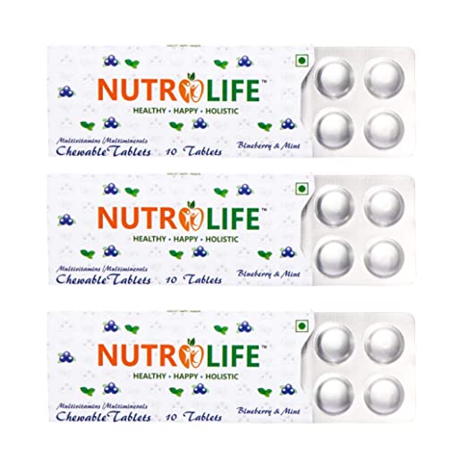 Nutrolife Multivitamin/Multi Minerals Chewable Tablets 10 pcs per strips pack of 3 strips (30 tablets) Blueberry+Mint Flavour