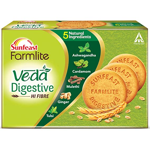 Sunfeast Farmlite Veda Digestive Biscuit | High Fibre | Goodness of 5 Natural Ingredients and Wheat Fibre, 250g