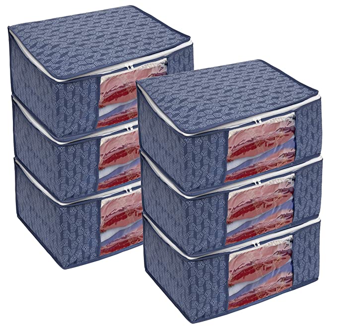 HomeStrap Set of 6 Non-Woven Printed Saree Cover/Cloth Storage/Organizer with Transparent Window (Navy Blue), 33.5 x 22 cm