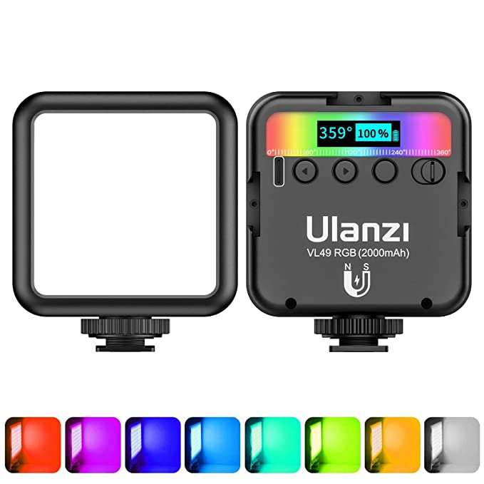 ULANZI VL49 RGB Video, LED Camera Light 360° Full Color Portable Photography Lighting with 3 Cold Shoe, 2000mAh Rechargeable CRI 95+ 2500-9000K Dimmable Panel Lamp Support, Black, (ULANZI-2287)