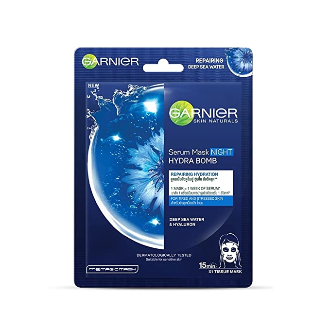 Garnier Skin Naturals Night Serum Sheet Mask With Deep Sea Water - For Tired & Stressed Skin, 28 g