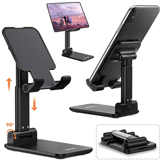 Tukzer Tabletop Fully Foldable Desktop Tablet Mobile Stand Holder with Angle & Height Adjustable for Desk, Cradle, Dock, Compatible with Smartphones & Tablets (Black)