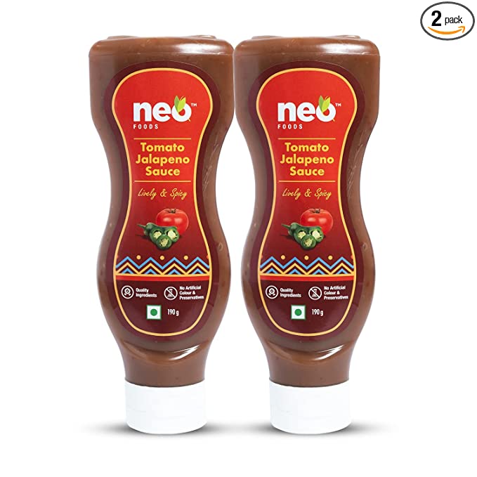 [Apply Coupon] - Neo Foods Tomato Jalapeno Sauce 190g I P2 I 100% Vegan I Topping and Dip for Snacks, No Preservatives & Non-GMO, Tangy & Spicy Flavour, Squeeze Bottle I (Pack of 2)