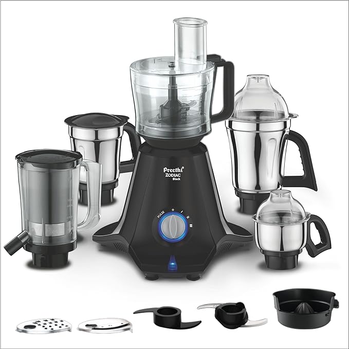 Preethi Zodiac Black Mixer Grinder for Kitchen, 5 Jars 750 Watt Mixie with Chutney Jar, Dry Grinding, Batter Grinding, Juicer & Masterchef Jar for chopping/grating (MG-261)