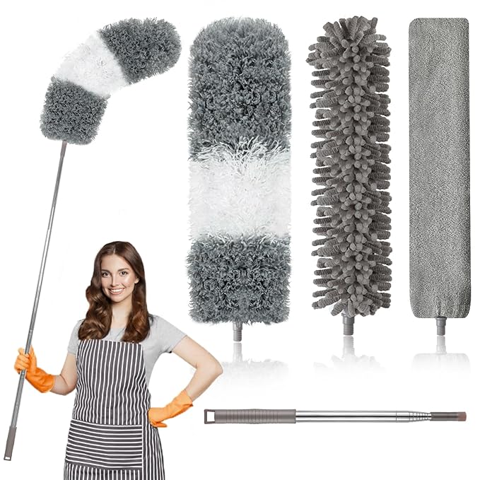 Microfiber Duster, with Extension Pole(Stainless Steel) 30 to 100 Inches, Reusable Bendable Dusters, Washable Lightweight Dusters for Cleaning Ceiling Fan, High Ceiling, Blinds, Furniture, Cars