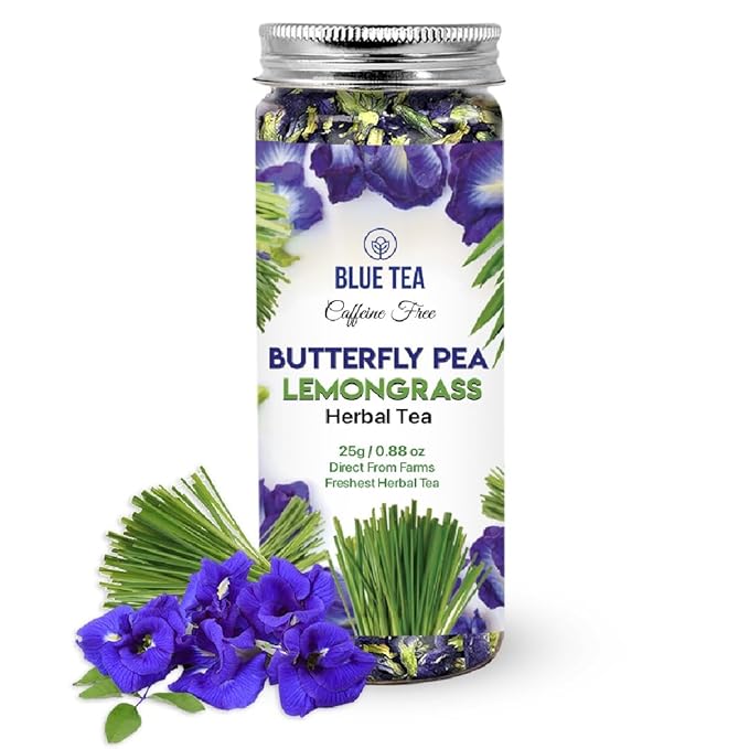 BLUE TEA - Butterfly Pea Flower Lemongrass Tea - 25gm - 25 Cups | GOOD FOR HAIR & SKIN | Caffeine Free - Flower Based - Herbal Tea - Non GMO | Featured In Shark Tank | Reusable Pet Jar