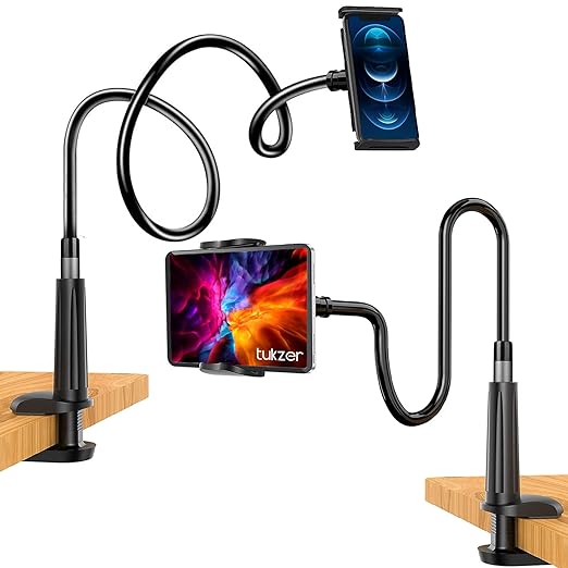Tukzer Universal Tabletop Mobile & Tablet Holder with 360 Degree Flexible Rotation for Bed, Table, Kitchen, Bathroom Compatible with 4 inches to 10.5 Inches Tablet/Smartphones (Black)