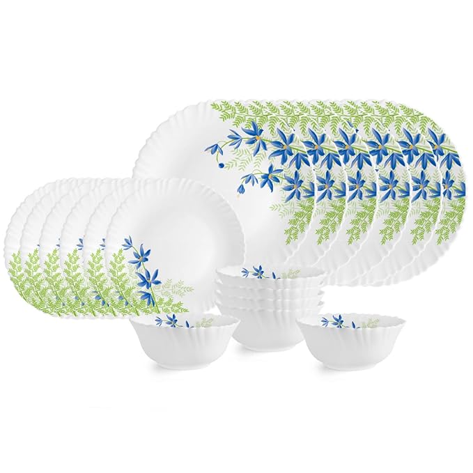 Cello Opalware Dazzle Blue Primrose Dinner Set, 18PCs, White