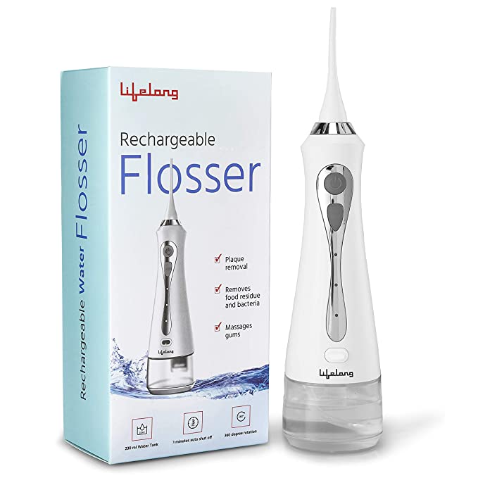 Lifelong LLDC36 Rechargeable Water Teeth Flosser Cordless | 230 ml Large Detachable Water Tank | 3 Modes | IPX7 Waterproof| Massage Gums and Remove Plaque (1 Year Warranty, White)