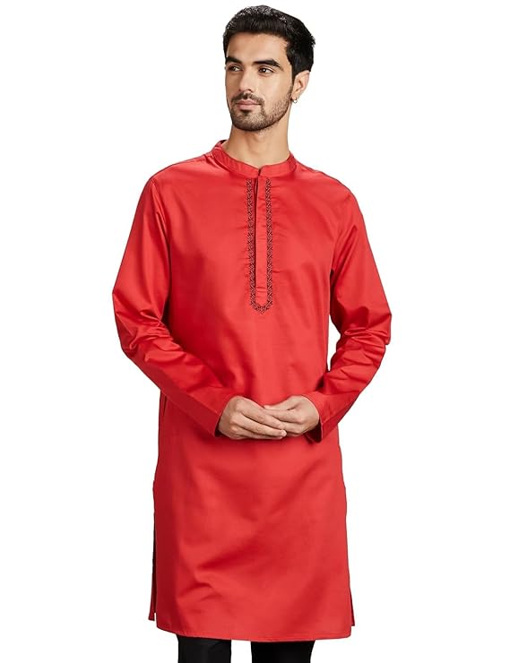 Amazon Brand - Symbol Men's Cotton Solid Festive Embellished Long Kurta (Regular Fit)