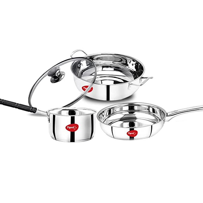 Pigeon by Stovekraft Stainless Steel Cookware Gift Set, Kadai with Glass Lid, Fry Pan and Sauce Pan