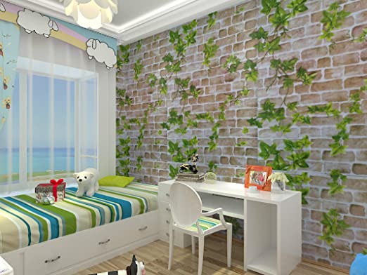 WOW Interiors PVC Foil Brick and Leaf Design Peel and Stick Self Adhesive Easily Removable Background Eco Wallpaper (Multicolour , 200 X 45 cm)