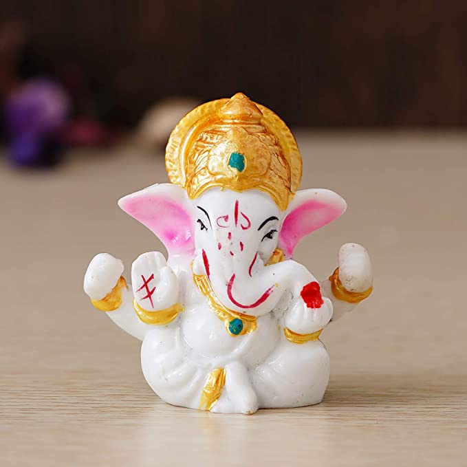 eCraftIndia White Polyresin Lord Ganesha Idol with Golden Mukut Decorative Religious Showpiece for Home Decor, Pooja Room, Temple & House Warming Gift