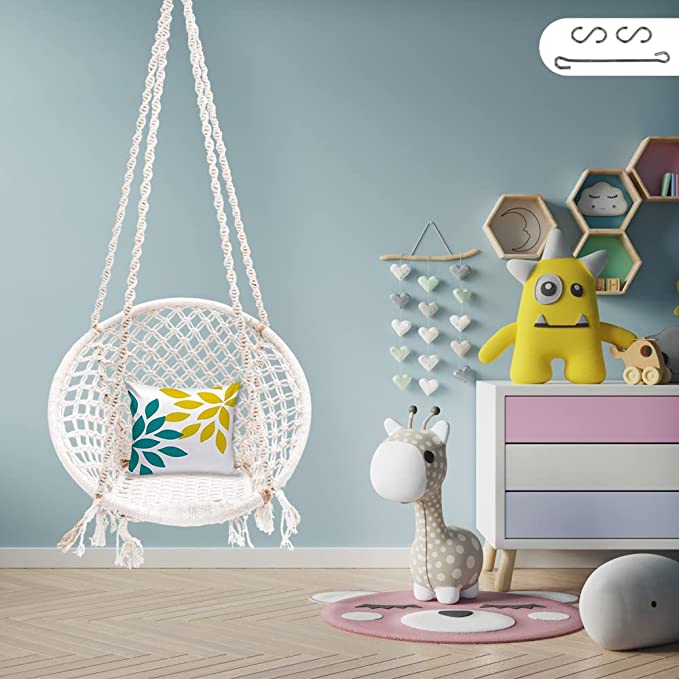 Patiofy Single Seater Home Swing For Adults&Kids|Suitable For Living Room/Balcony/Outdoor|Capacity Upto 120 Kgs|Includes Free Hanging Accessories|Handmade Jhula With Premium White Cotton Rope, 66 Cm