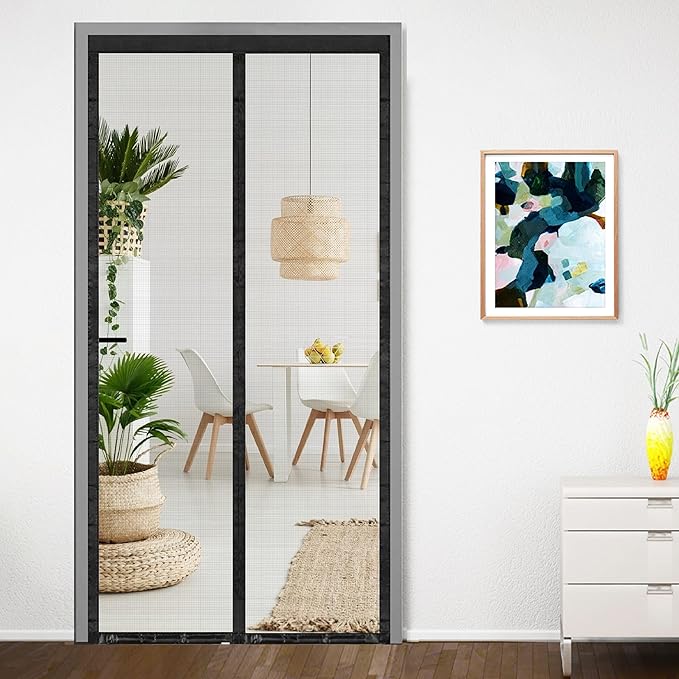 [Size: 200*100 cm] - Classic Mosquito Net for Door Fiberglass Magnetic Curtain Auto Closing Insect Screen for All Door Types with Self Adhesive Hook Tape (200X100cms, Black)