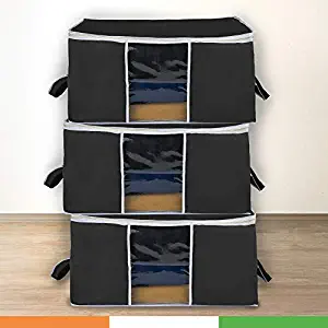 DURAWARE Extra-Large Wardrobe/Under Bed Storage Organiser with Duralight Fabric for Sarees, Shirts & More | Dust & Moisture Resistant | Pack of 3 (Black)