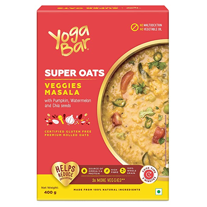 Yogabar Veggie Masala Oats 400g | Masala Oats with 3X More Veggies, Pumpkin, Watermelon and Chia Seeds That Helps Reduce Cholesterol | Gluten Free, Non GMO Diet Food for Weight Loss