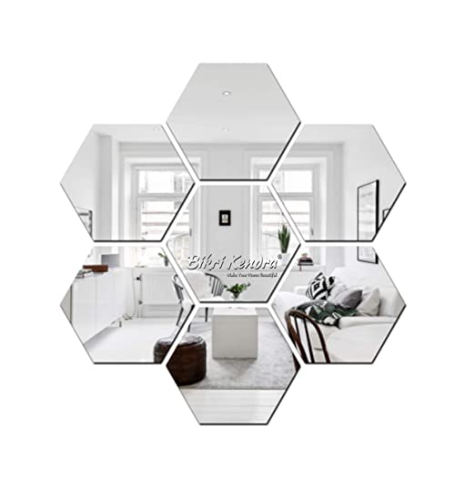 Bikri Kendra Hexagon 7 3D Acrylic Decorative Wall Mount Mirror Murals Wall Stickers (Silver )